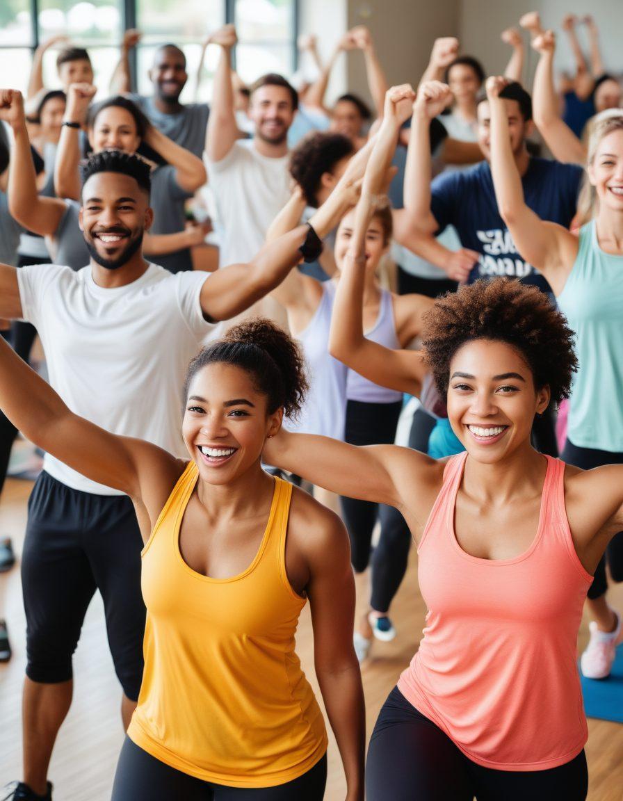 A diverse group of people engaged in a lively fitness class, smiling and interacting with an enthusiastic expert instructor. The background features an uplifting, bright atmosphere with motivational posters and a lively gym environment. Focus on the sense of community, joy, and teamwork as they participate in a dynamic group activity. vibrant colors. super-realistic. inspirational.