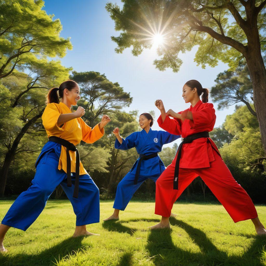 A dynamic scene of a diverse group of martial arts practitioners, beaming with joy and confidence, engaged in an outdoor training session under a bright blue sky. They showcase various martial arts styles, wearing colorful uniforms, with a backdrop of serene nature and gentle sunlight filtering through trees. Emphasize expressions of happiness, camaraderie, and empowerment. vibrant colors. super-realistic. energizing atmosphere.