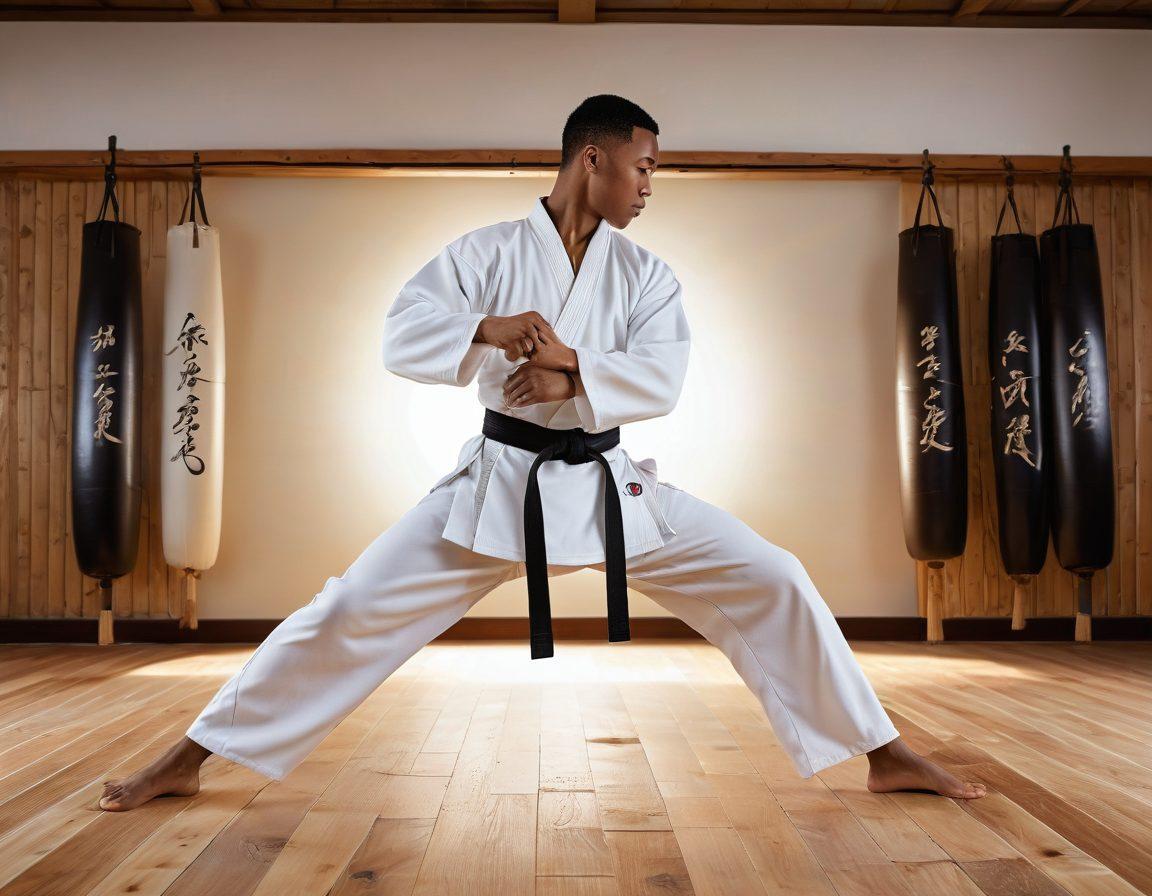 A dynamic scene featuring a confident martial artist performing a powerful kick in a dojo, with flowing movement that emphasizes their strength and focus. The background shows traditional martial arts elements, like wooden dummies and calligraphy, highlighting the disciplined path of martial arts. A glowing aura surrounds the martial artist to symbolize elevated confidence. The overall color palette is vibrant, evoking energy and motivation. super-realistic. vibrant colors. white background.